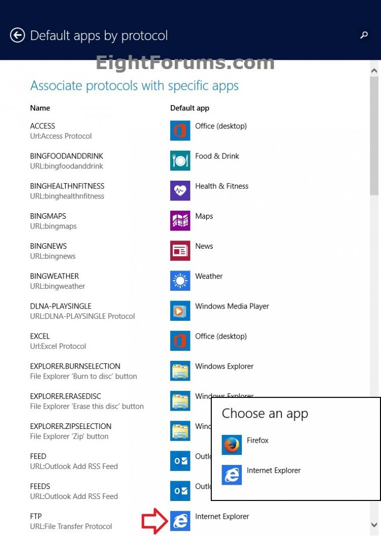 Default Programs Associate a File Type or Protocol in Windows 8