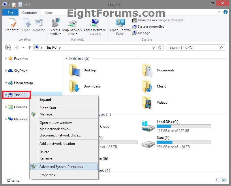 Advanced System Properties Add to "This PC" Context Menu Windows 8