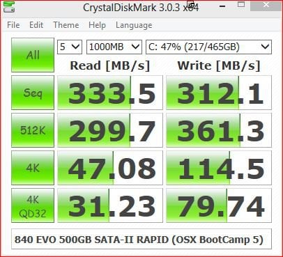 CrystalDiskMark x64 - 840 EVO 500GB SATA-II RAPID (OSX BootCamp 5).JPG