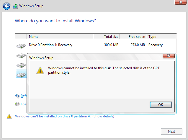 Windows cannot be installed to this disk. The selected disk is of the GPT partition style.png Windows cannot be installed to this disk. The selected disk is of the GPT partition style.png