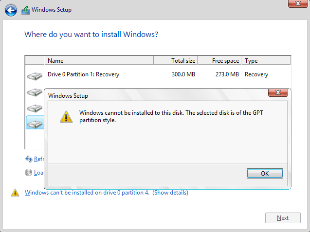 Windows cannot be installed to this disk. The selected disk is of the GPT partition style.png