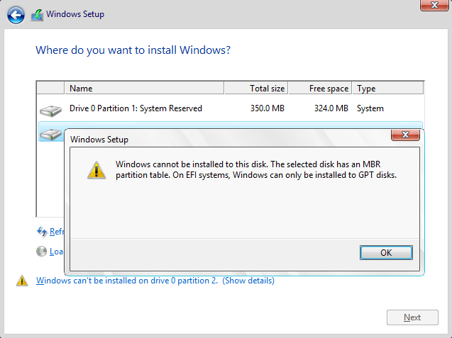 Windows cannot be installed on this disk. The selected disk has an MBR partition table.png Windows cannot be installed on this disk. The selected disk has an MBR partition table.png