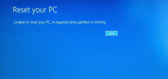 Unable to reset your PC. A required drive partition is missing.png