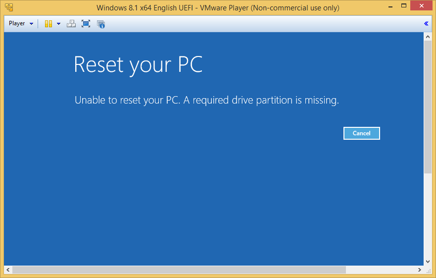 unable to reset your pc partition missing