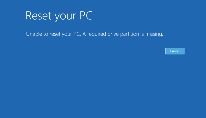Unable to reset your PC. A required drive partition is missing.png