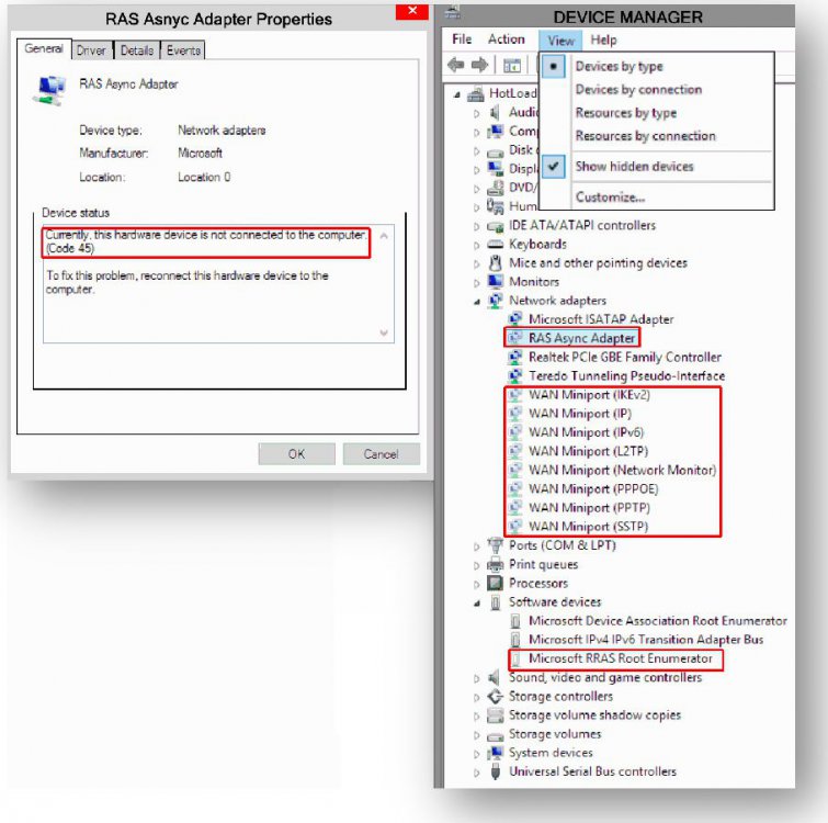 RAS Async Adapter & WAN Miniports Showing error (45) Windows 8 Help