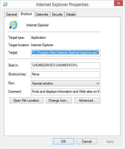 IE 11 short cut Icon Properties.png
