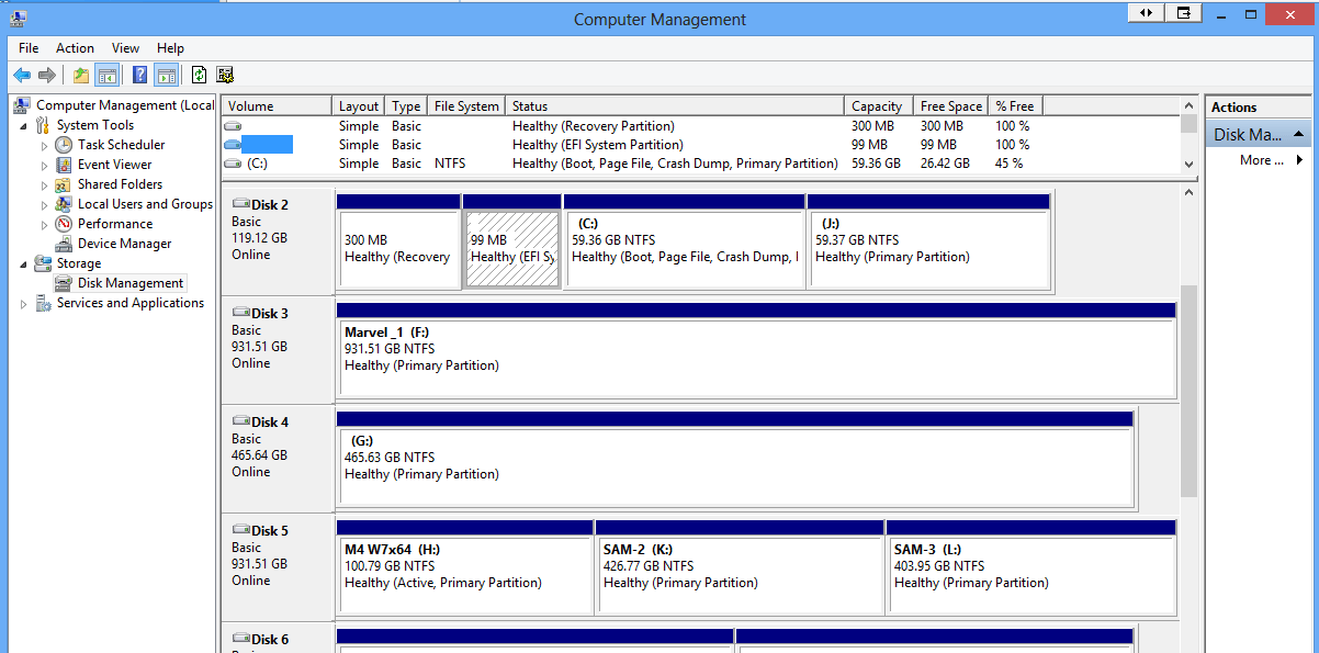 Windows disk management, not accurate for GPT and EFI partitions