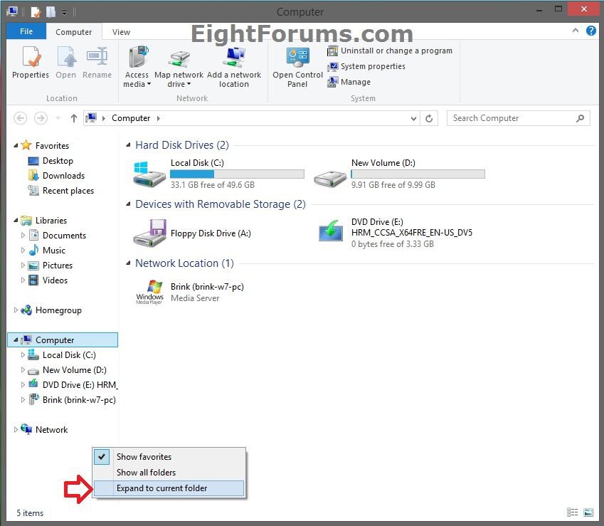 Navigation Pane "Expand to Current Folder" On or Off Windows 8 Help